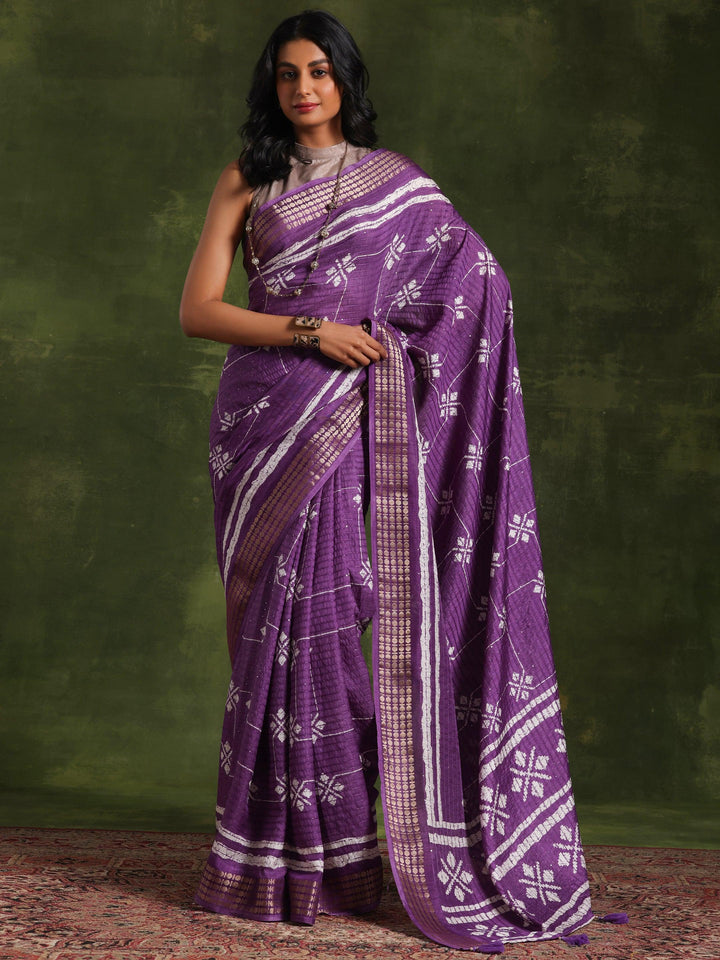 Lavender Printed Silk Blend Saree With Unstitched Blouse Piece - Libas