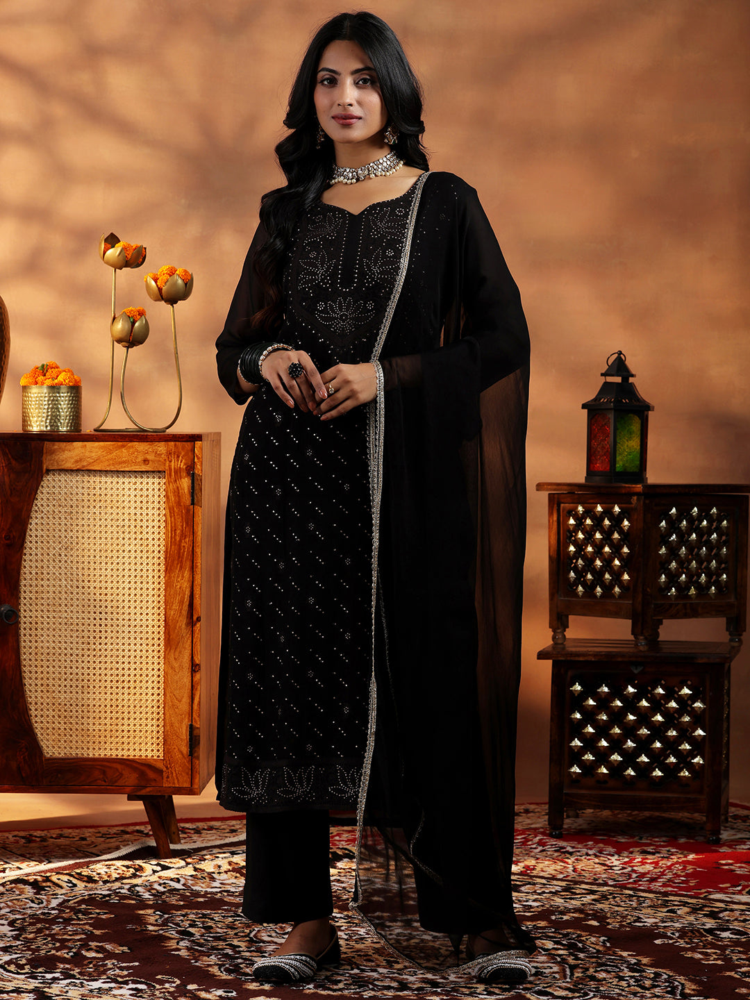 Black Embroidered Organza Straight Suit With Dupatta