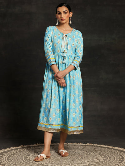 Turquoise Printed Cotton Fit and Flare Dress - ShopLibas