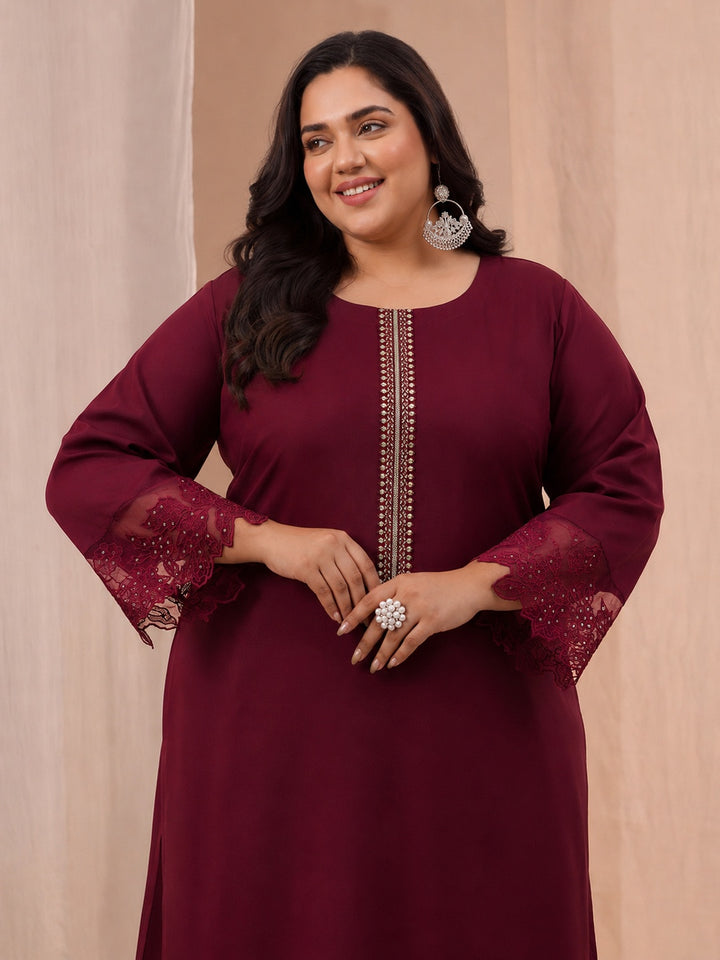 Plus Size Maroon Solid Silk Blend Straight Suit Set