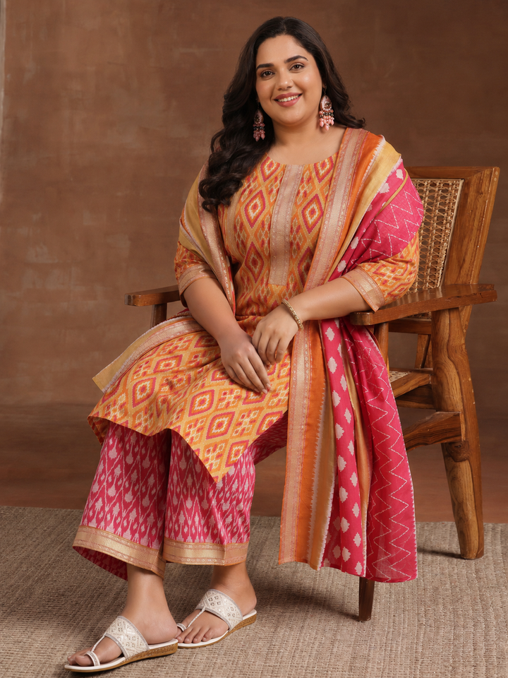 Plus Size Orange Floral Printed Cotton Straight Suit Set