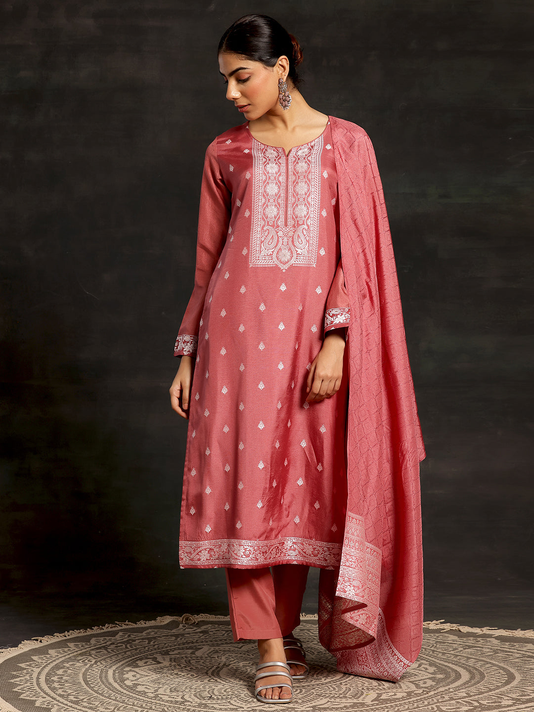 Pink Woven Design Silk Blend Straight Suit With Dupatta