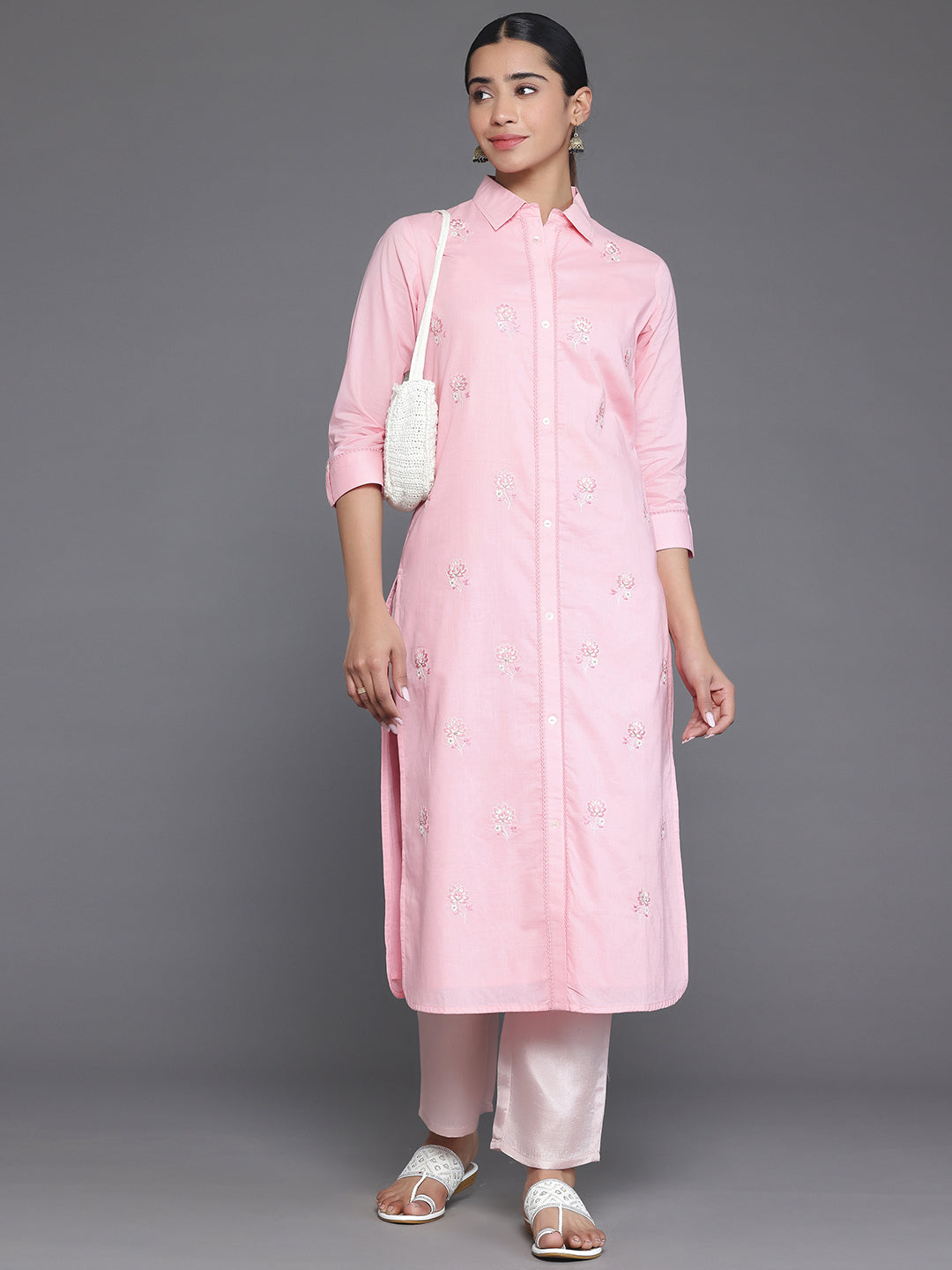 Pink Embroidered Cotton Straight Kurta