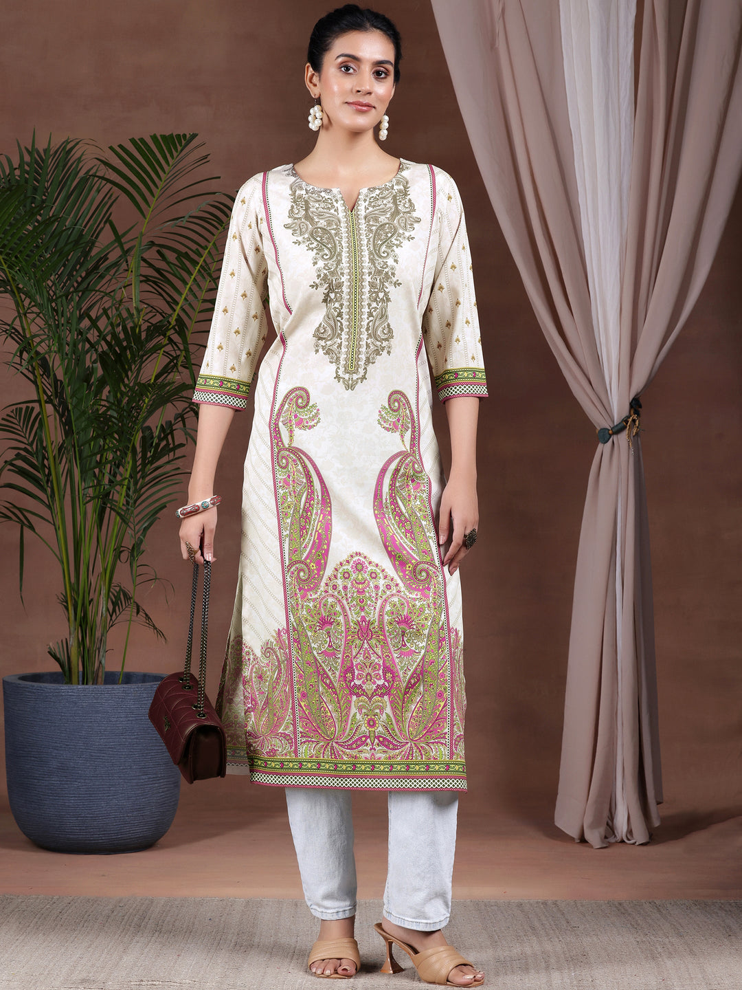 Beige Printed Crepe Straight Kurta