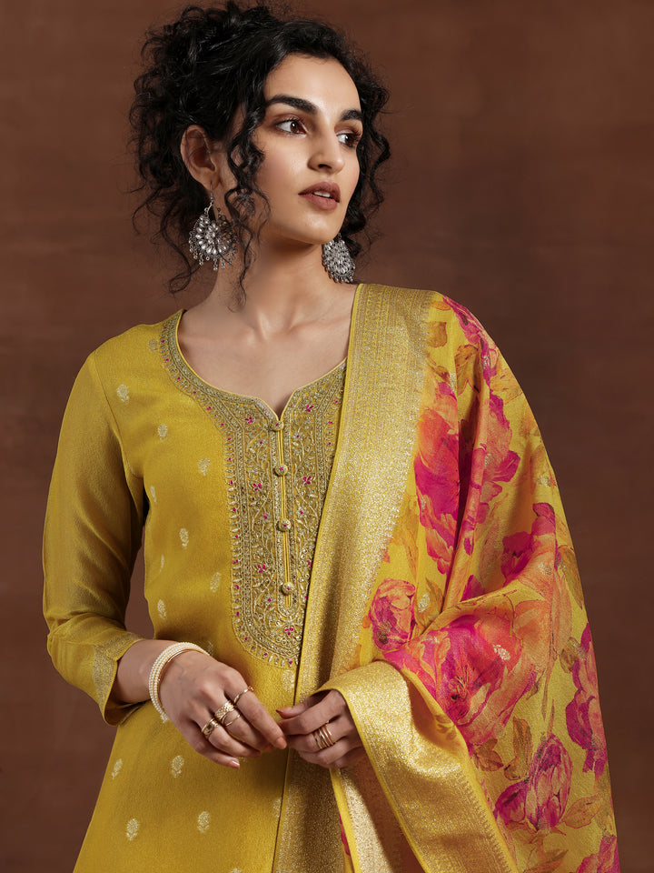 Mustard Woven Design Chanderi Silk Straight Suit With Dupatta