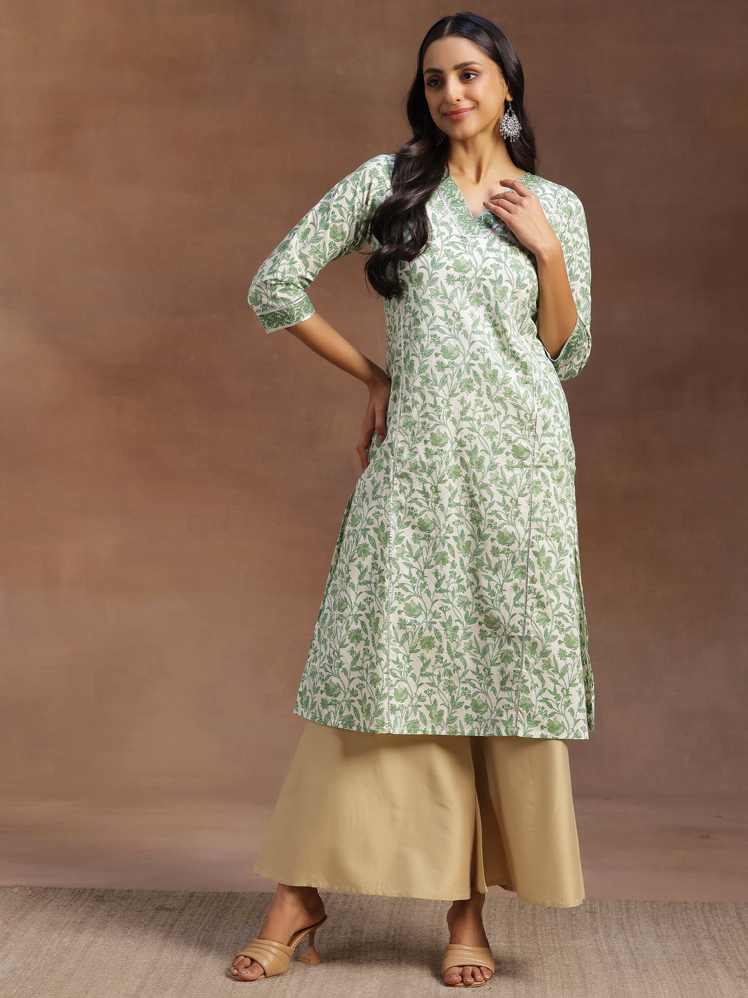 Green Printed Cotton Straight Kurta