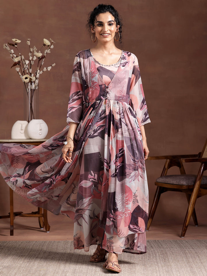 Grey Printed Chiffon 3 Piece Co-Ords