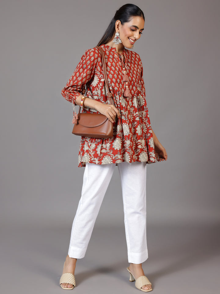 Rust Printed Cotton A-Line Kurti