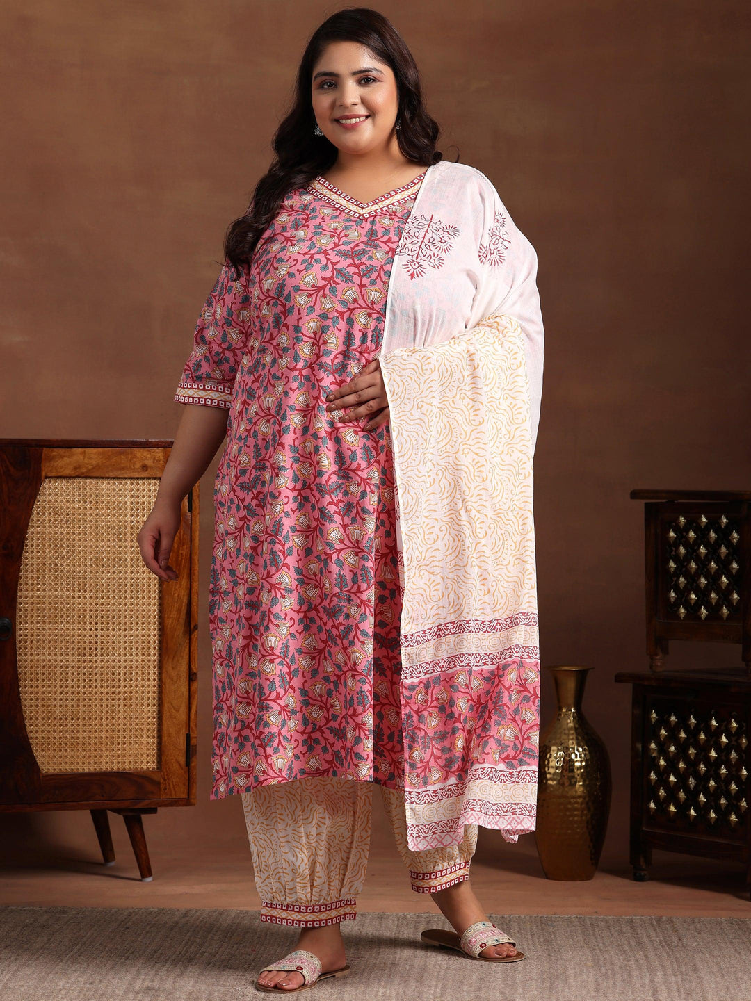 Plus Size Blue Printed Cotton Straight Suit With Dupatta