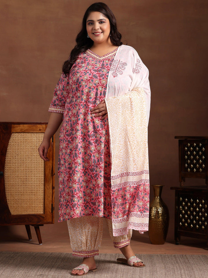 Plus Size Blue Printed Cotton Straight Suit With Dupatta