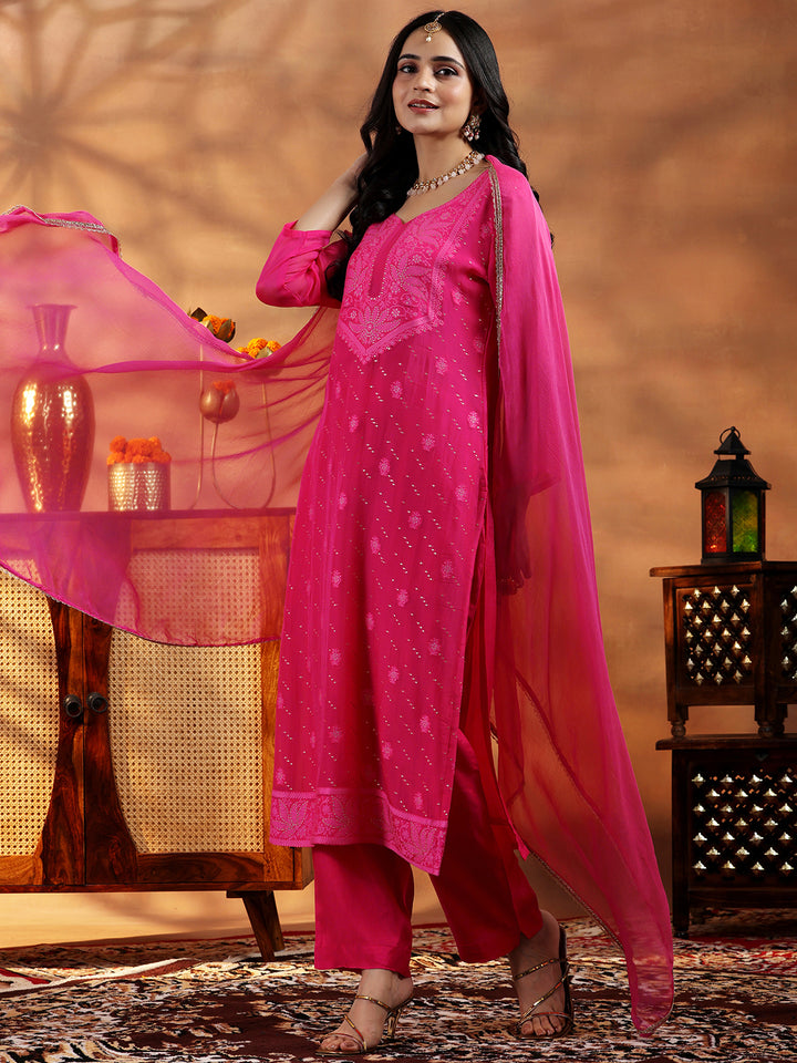 Pink Embroidered Organza Straight Suit With Dupatta