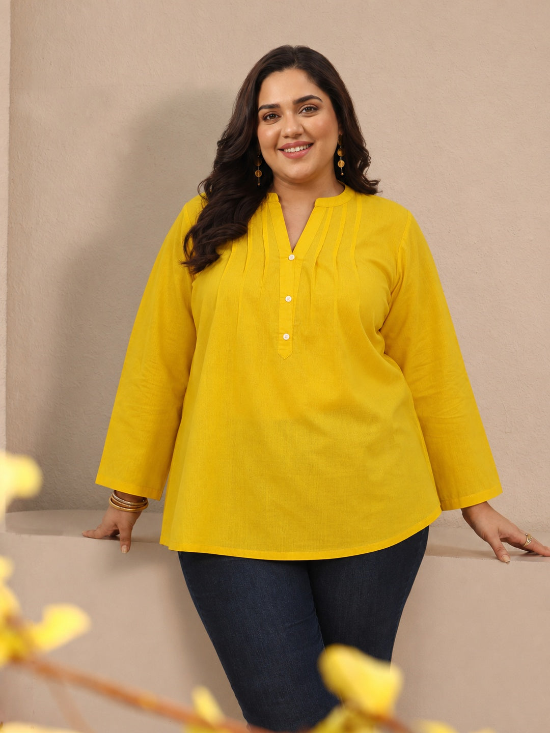 Plus Size Yellow Solid Cotton Blend Straight Short Kurti