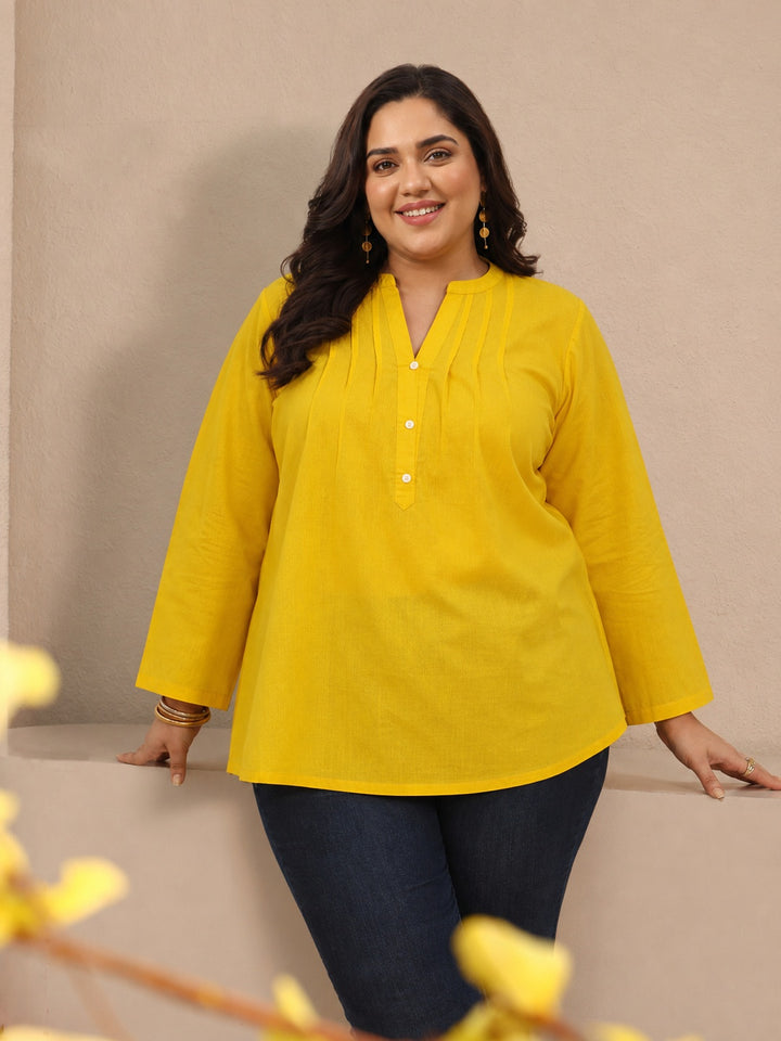 Plus Size Yellow Solid Cotton Blend Straight Short Kurti