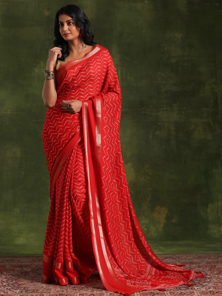 Red Printed Silk Blend Saree With Unstitched Blouse Piece - Libas