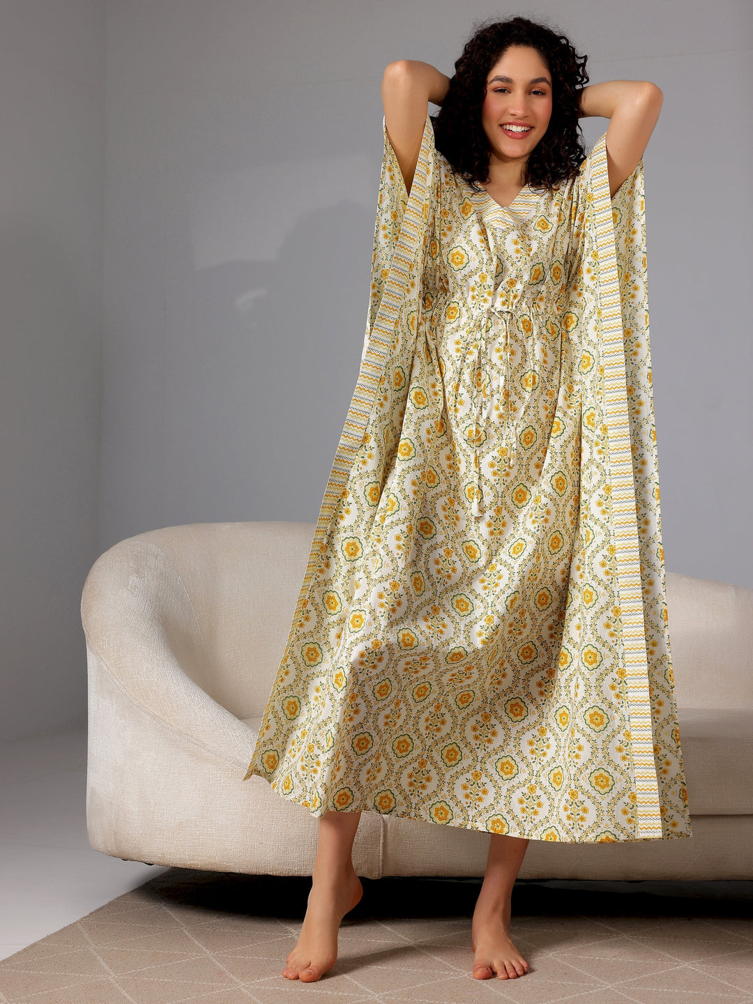 Yellow Printed Cotton Kaftan Night Dress
