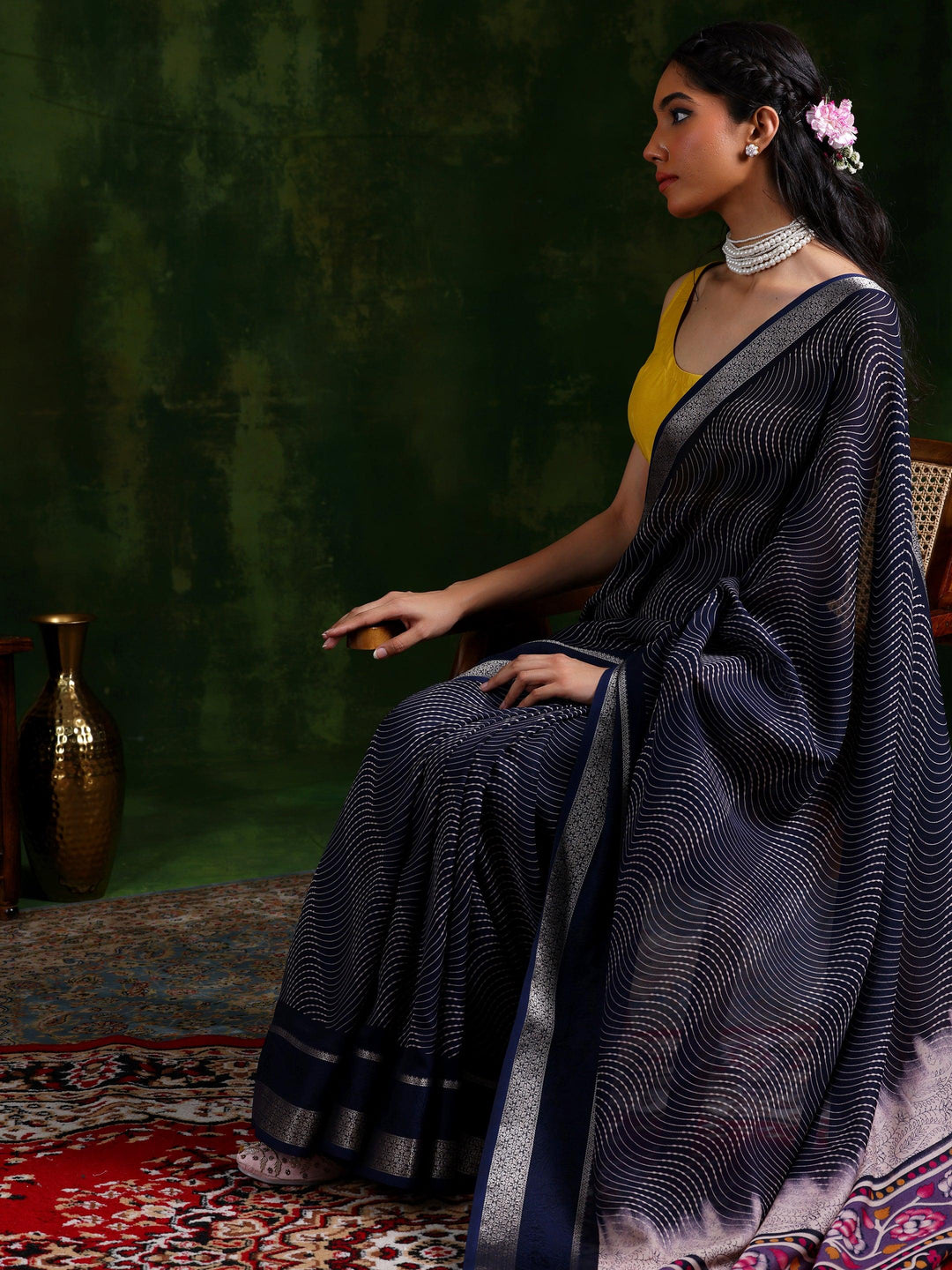 Blue Printed Silk Blend Saree With Unstitched Blouse Piece - Libas