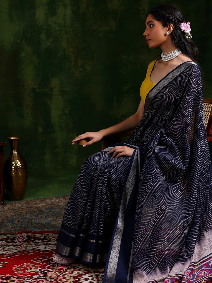 Blue Printed Silk Blend Saree With Unstitched Blouse Piece - Libas