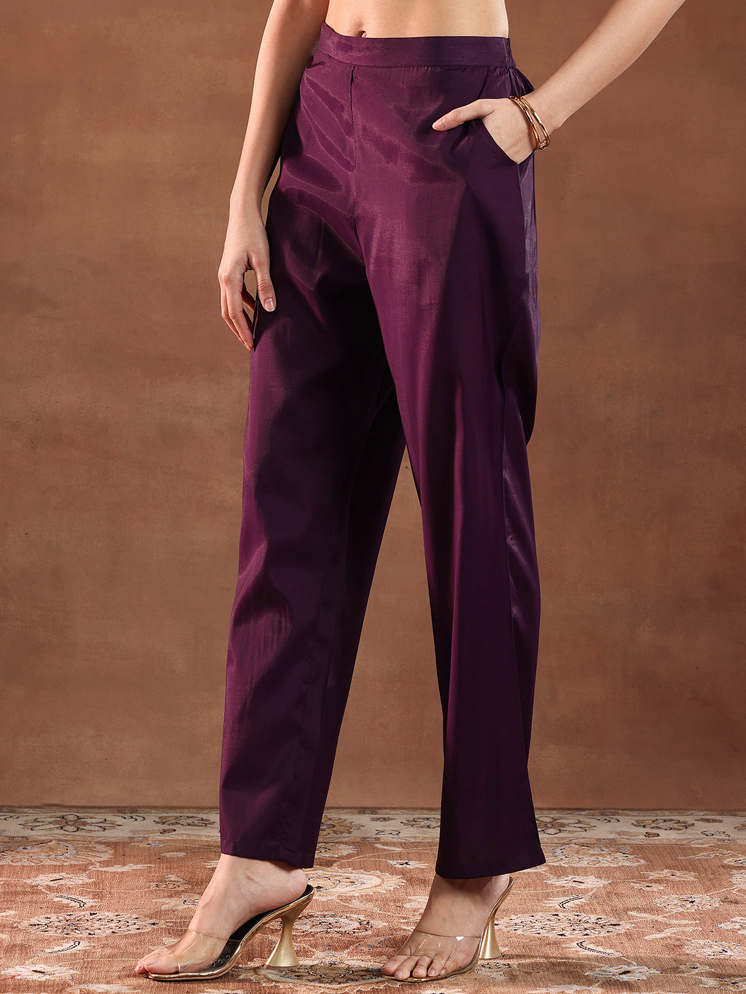 Wine Embroidered Silk Blend Straight Suit With Dupatta