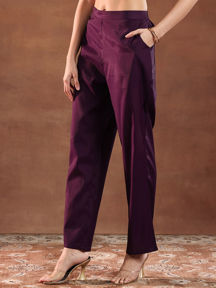 Wine Embroidered Silk Blend Straight Suit With Dupatta