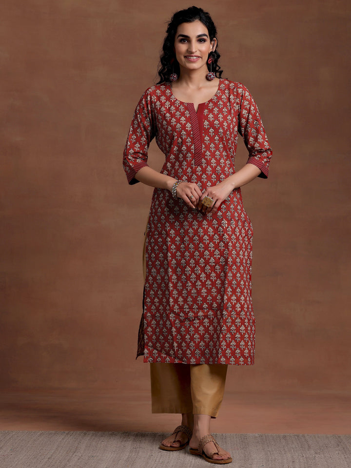 Maroon Printed Cotton Straight Kurta