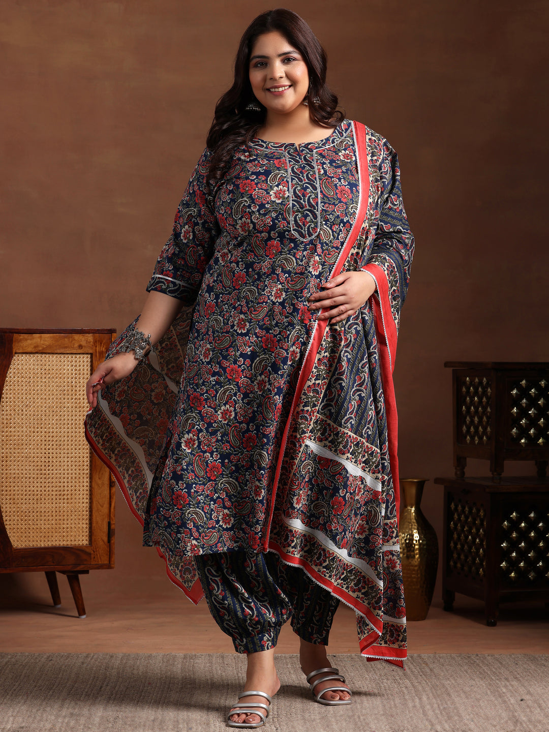 Plus Size Blue Printed Cotton Straight Suit With Dupatta
