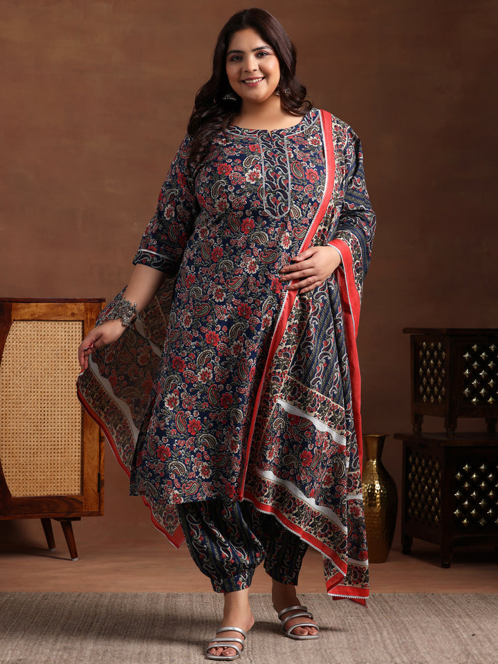 Plus Size Blue Printed Cotton Straight Suit With Dupatta