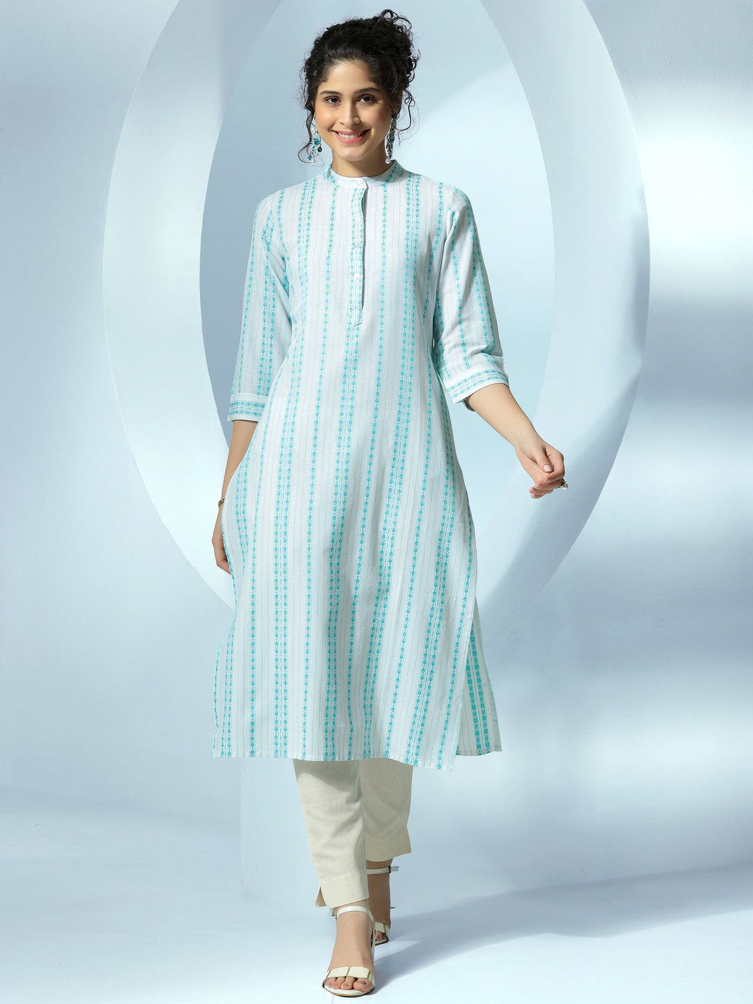 White Woven Design Cotton Straight Kurta