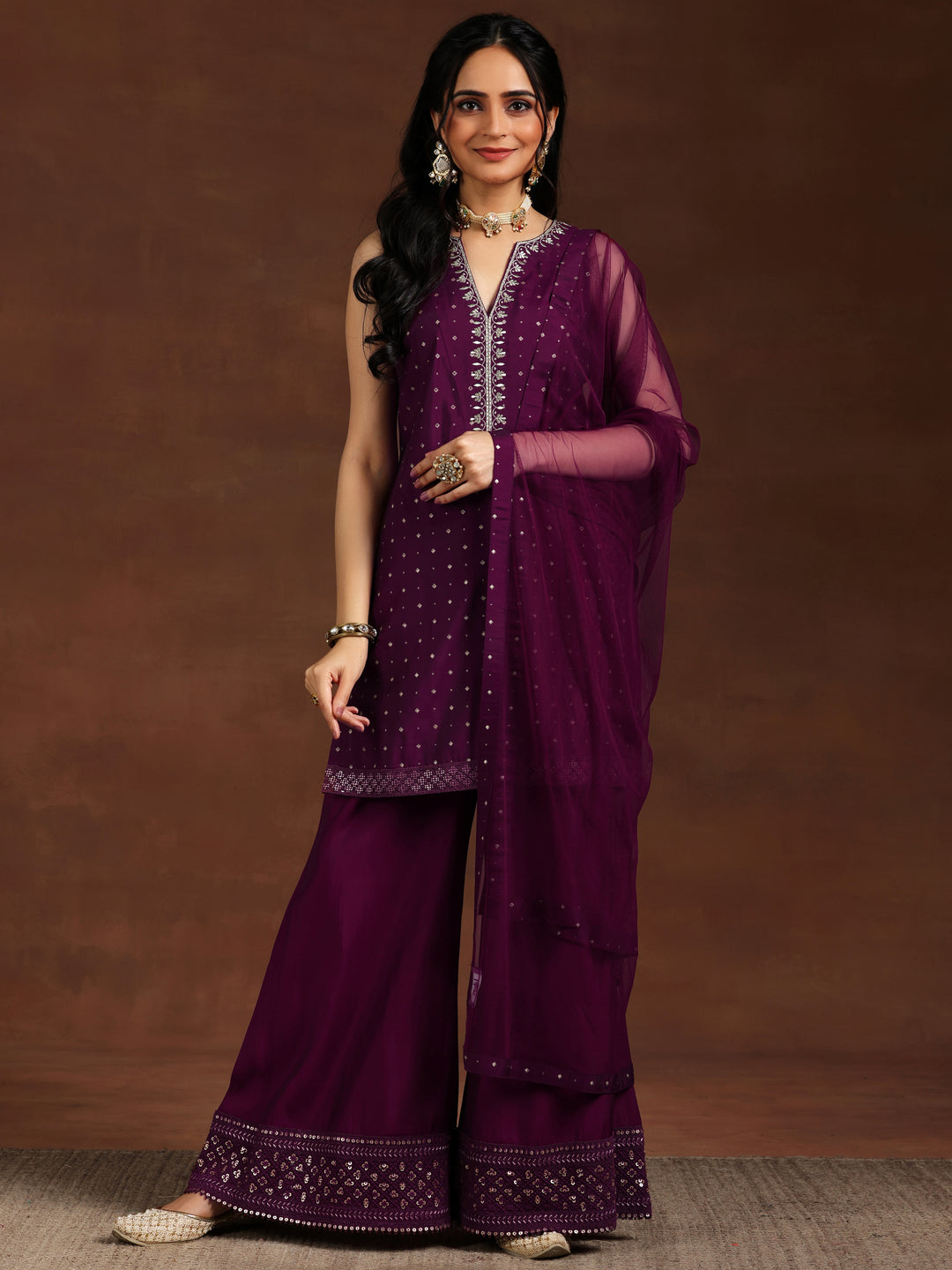 Wine Embroidered Silk Blend Straight Suit With Dupatta
