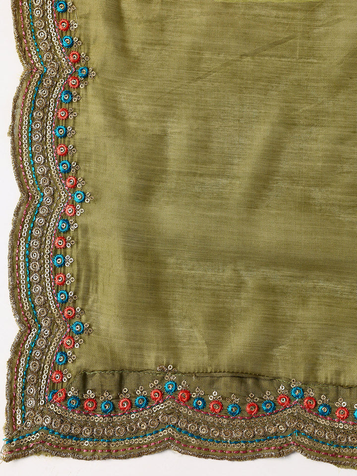 Green Printed Silk blend Dress Material With Dupatta