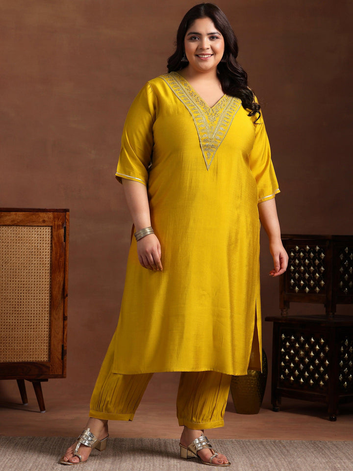 Plus Size Yellow Yoke Design Silk Blend Straight Kurta Set
