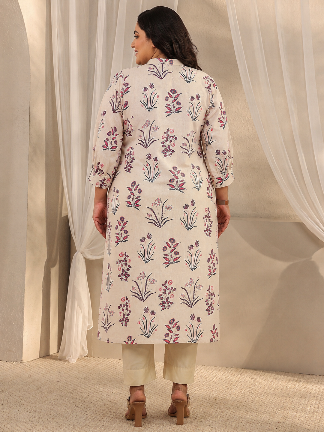 Plus Size Off White Floral Printed Cotton A-Line Kurta