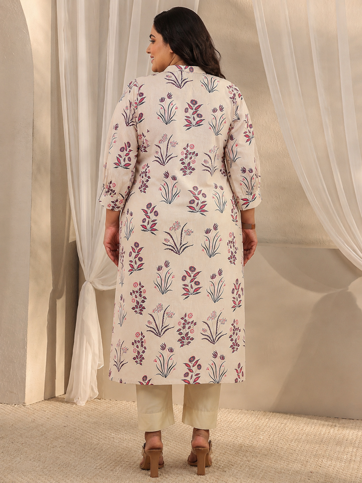 Plus Size Off White Floral Printed Cotton A-Line Kurta