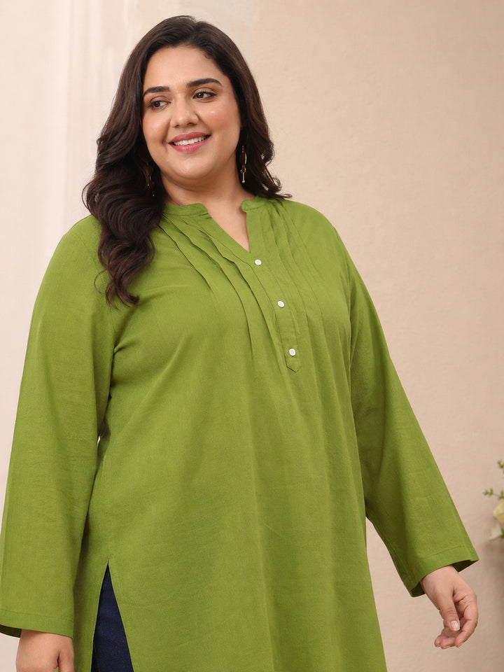 Plus Size Green Solid Cotton Blend Straight Short Kurti