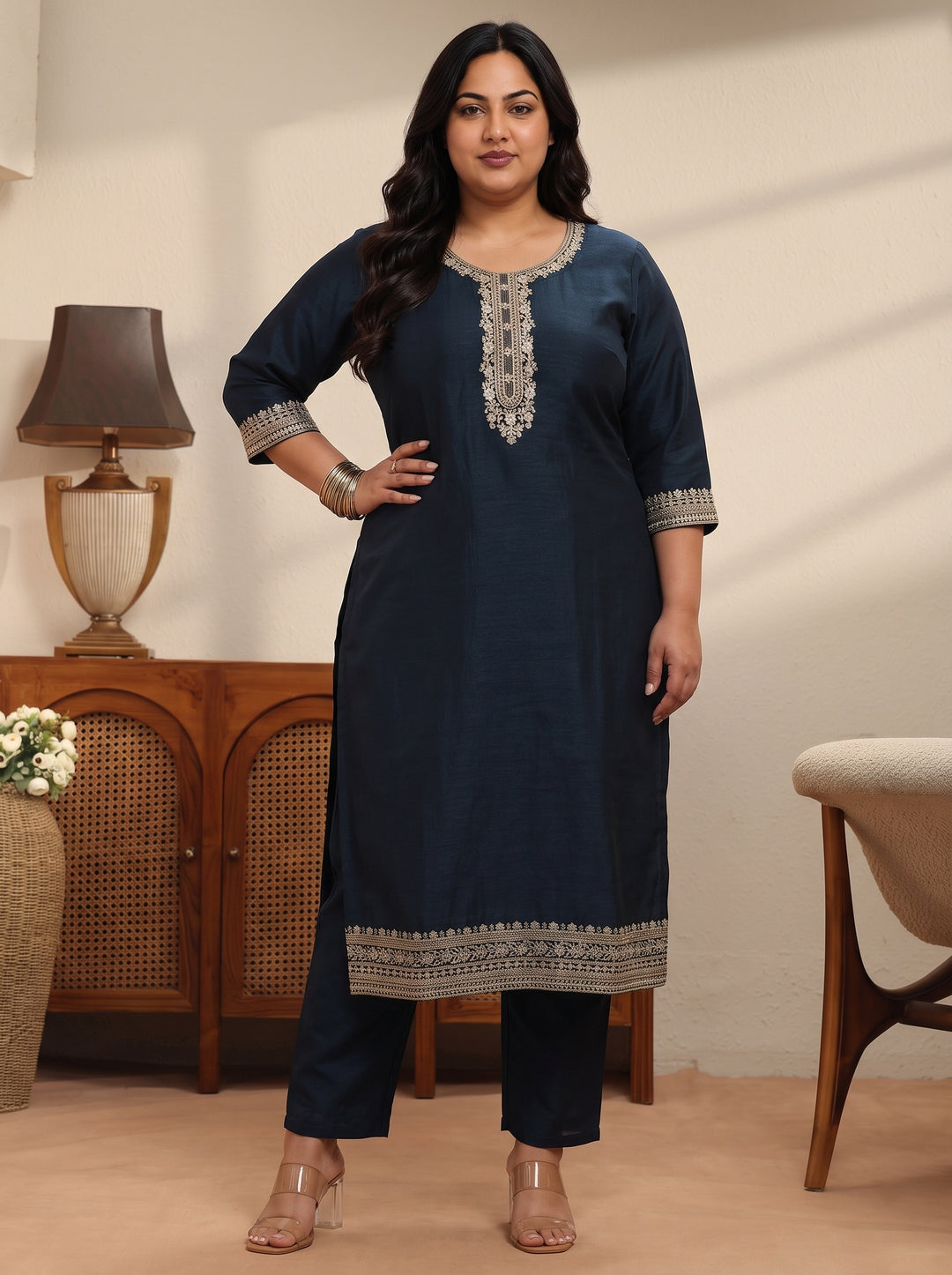 Plus Size Navy Blue Yoke Deisgn Silk Blend Straight Suit Set
