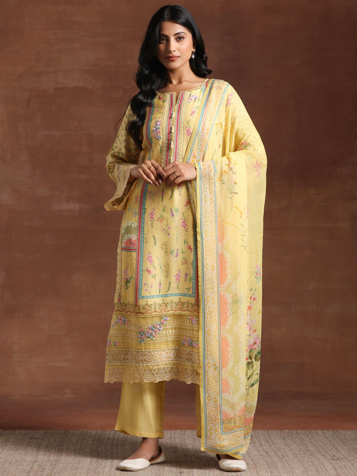Yellow Printed Silk Blend Straight Suit With Dupatta