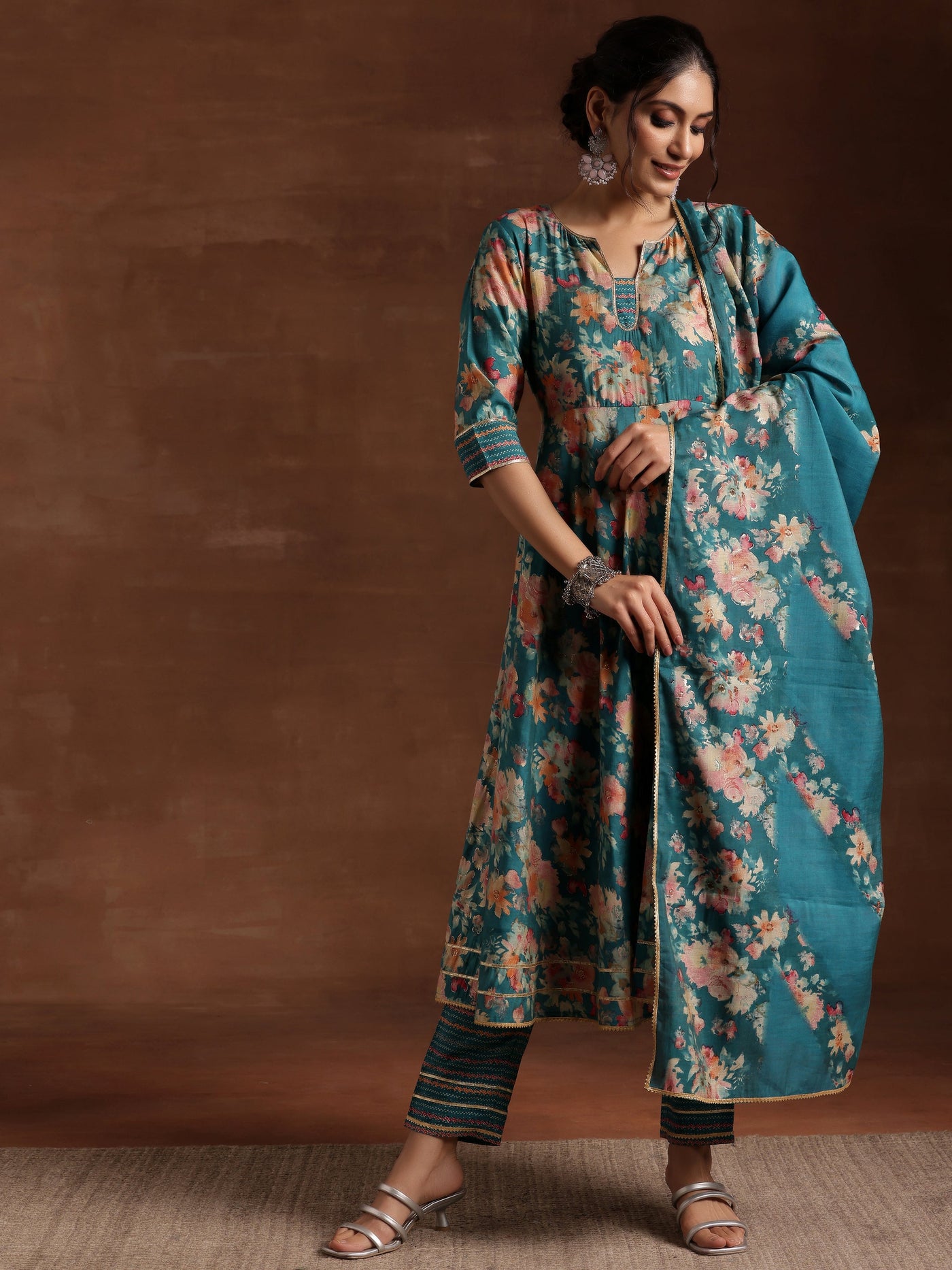 Blue Printed Silk Blend Anarkali Suit With Dupatta