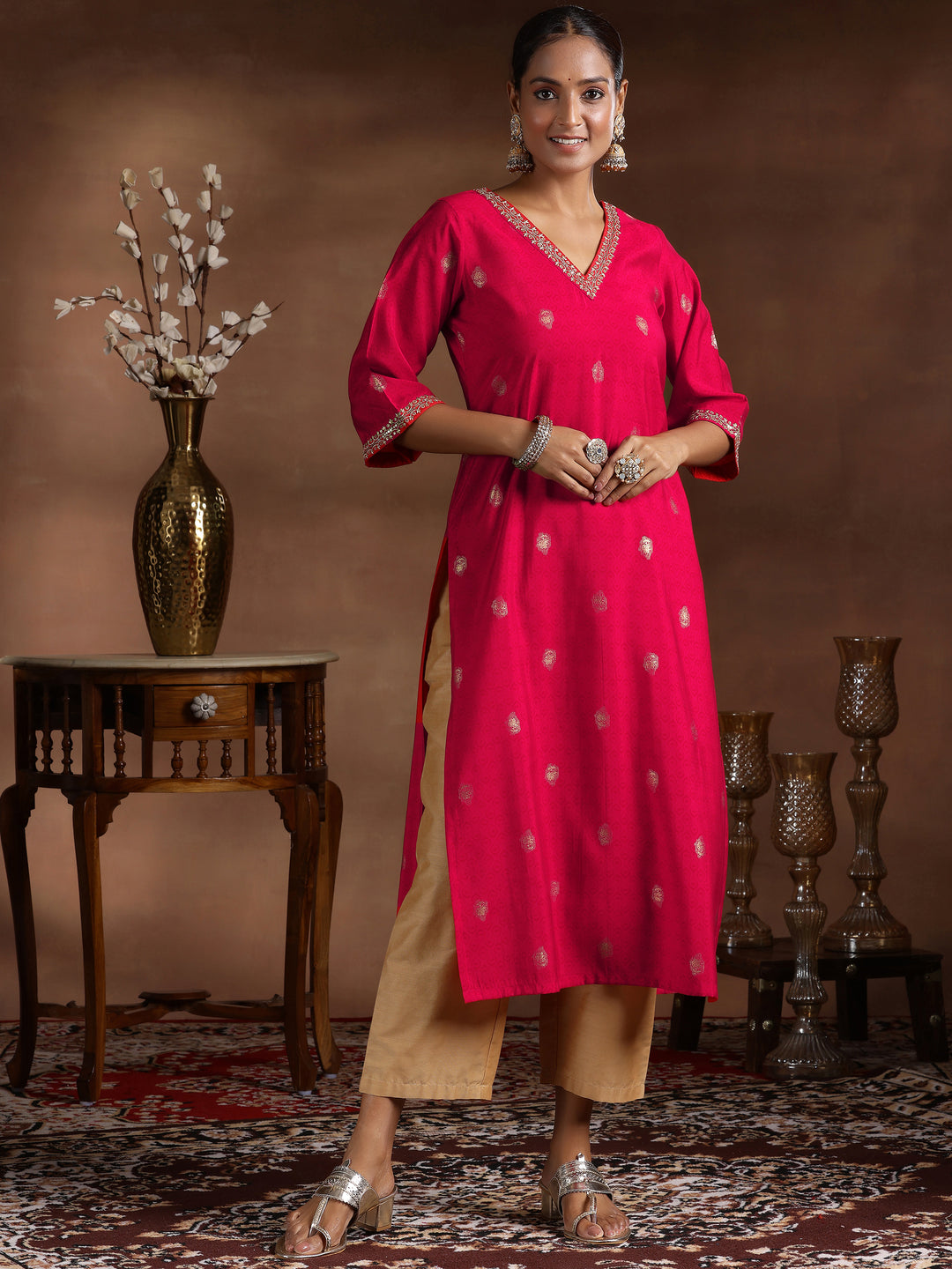 Red Printed Silk Straight Kurta