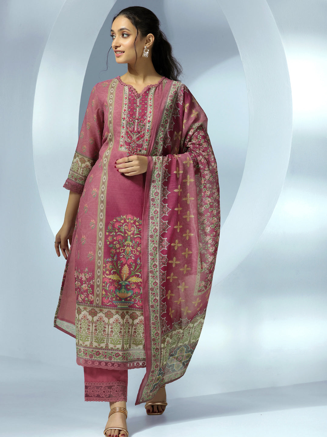 Mauve Printed Cotton Blend Straight Suit With Dupatta