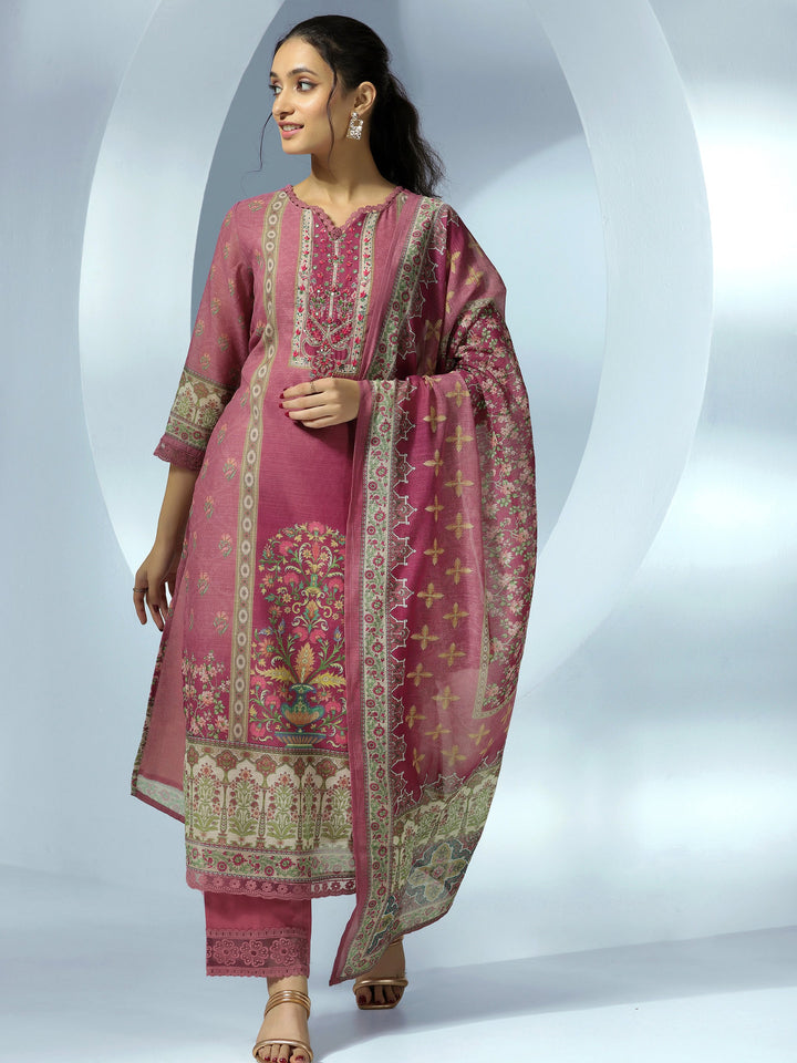 Mauve Printed Cotton Blend Straight Suit With Dupatta