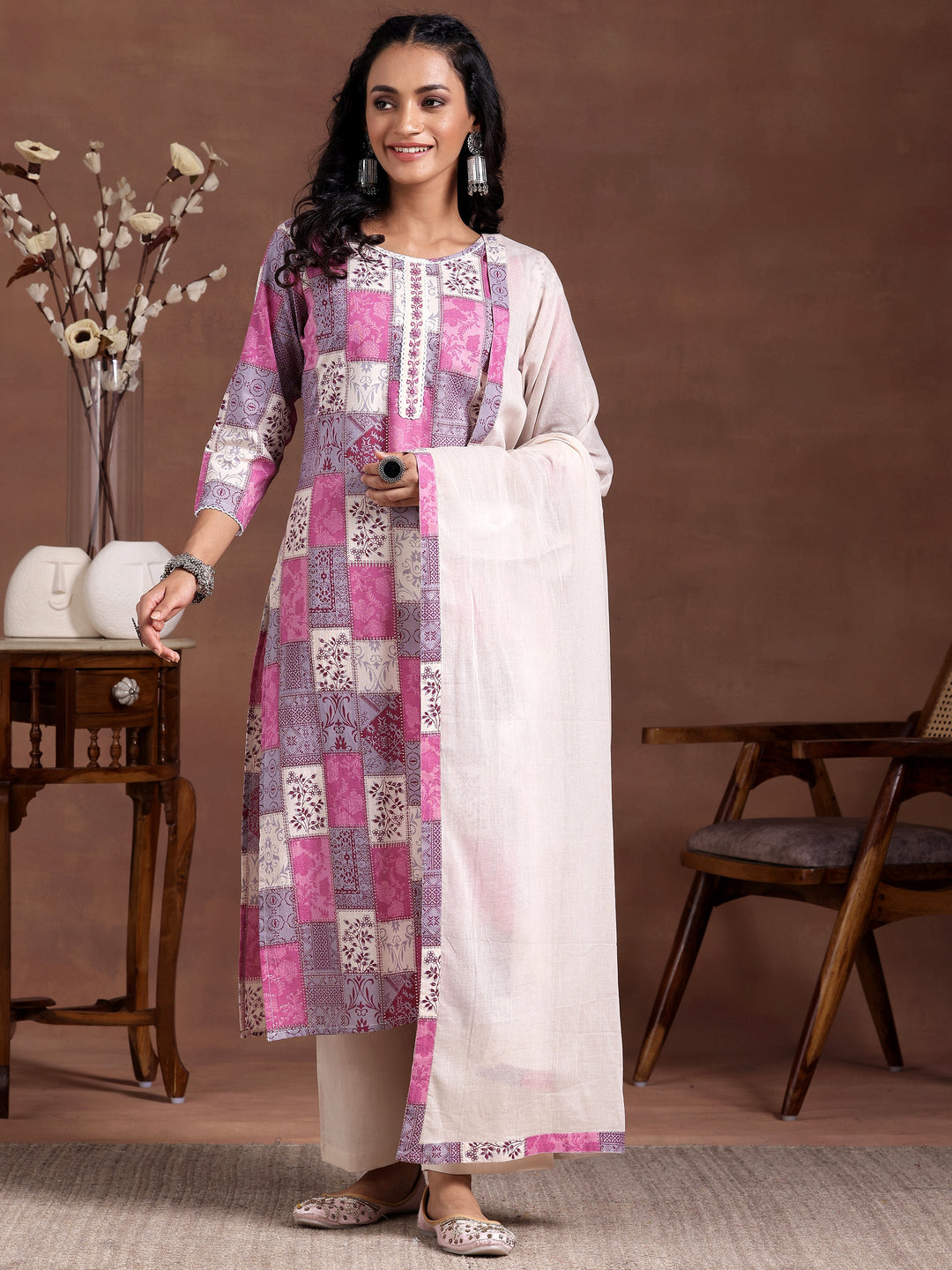Off White Printed Cotton Straight Suit With Dupatta