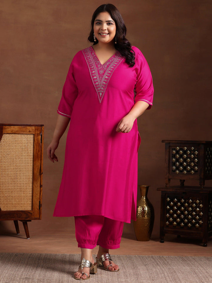 Plus Size Pink Yoke Design Silk Blend Straight Kurta Set