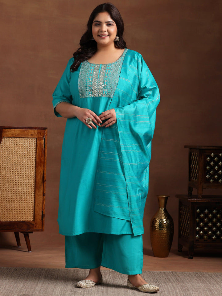 Plus Size Green Yoke Design Silk Blend Straight Suit With Dupatta
