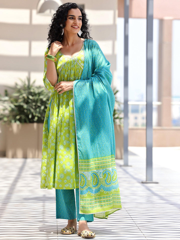 Green Printed Cotton A-Line Kurta With Palazzos & Dupatta