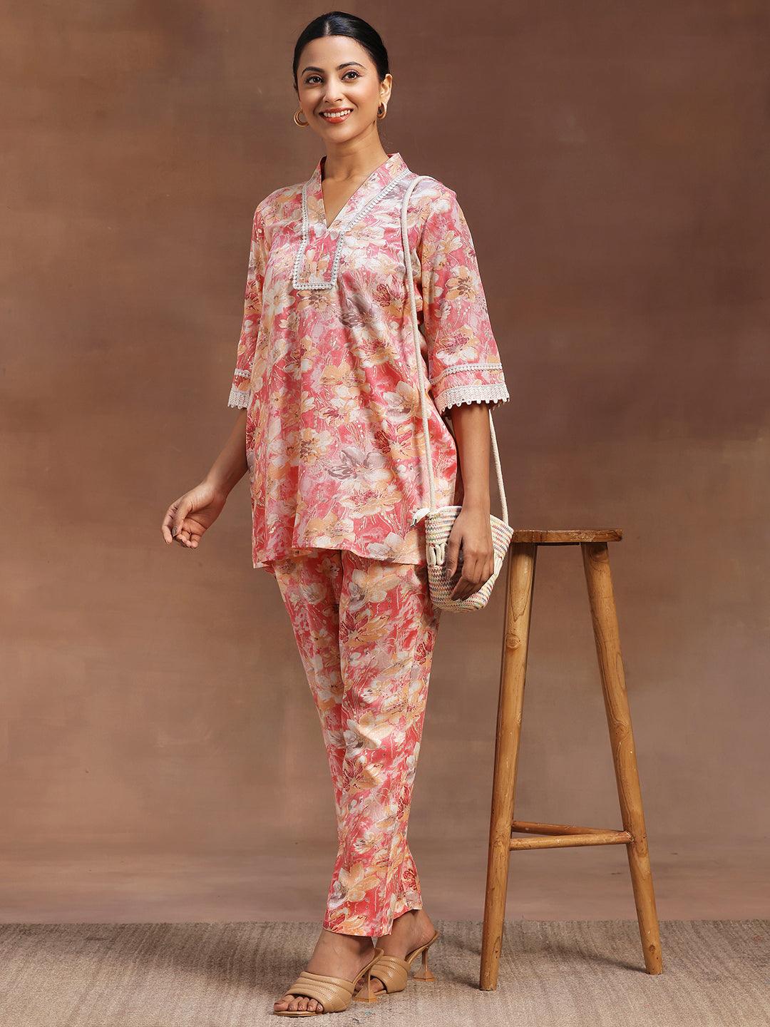 Peach Printed Cotton Blend Co-Ords