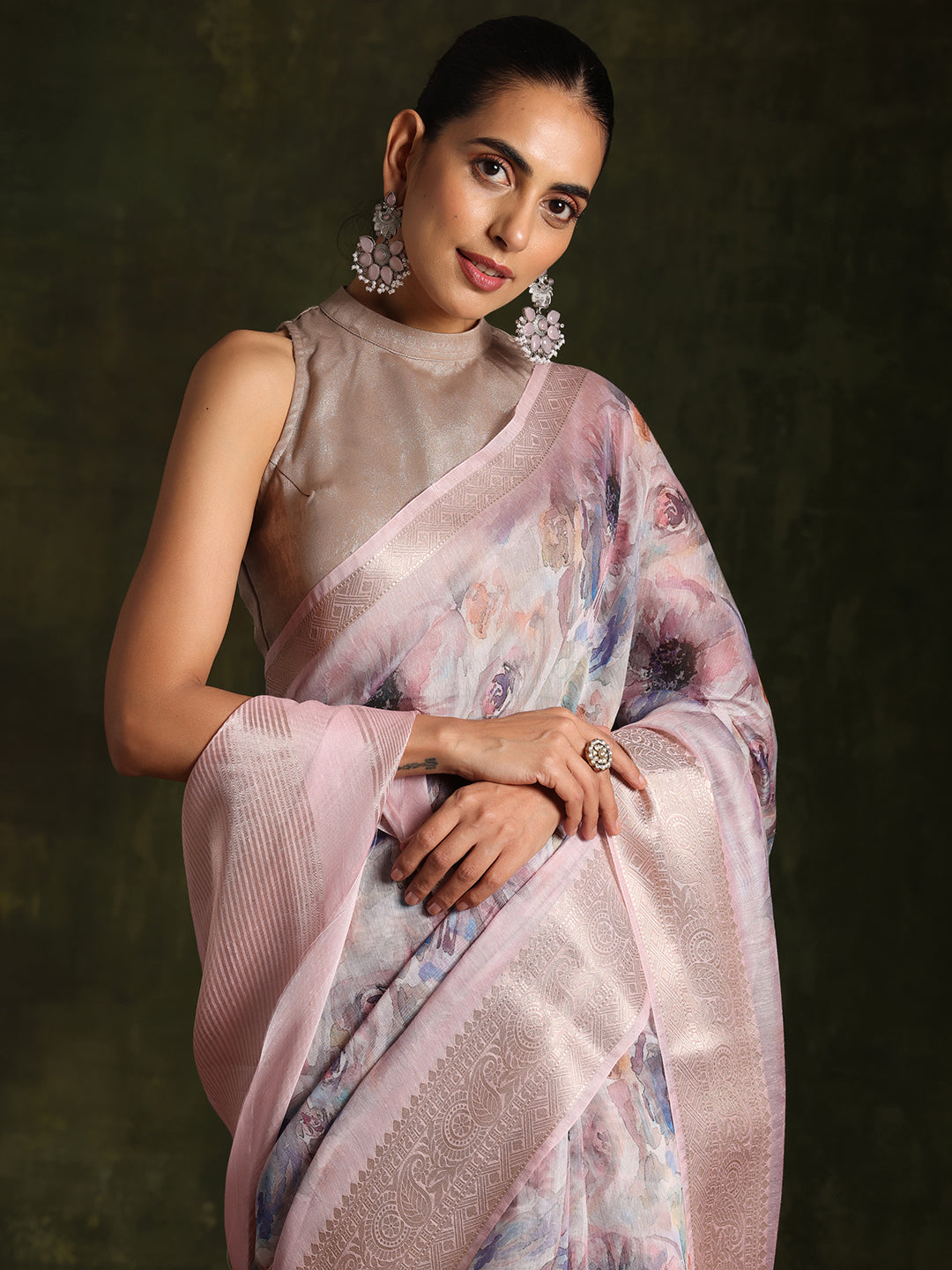 Multicoloured Printed Silk Blend Saree With Unstitched Blouse Piece