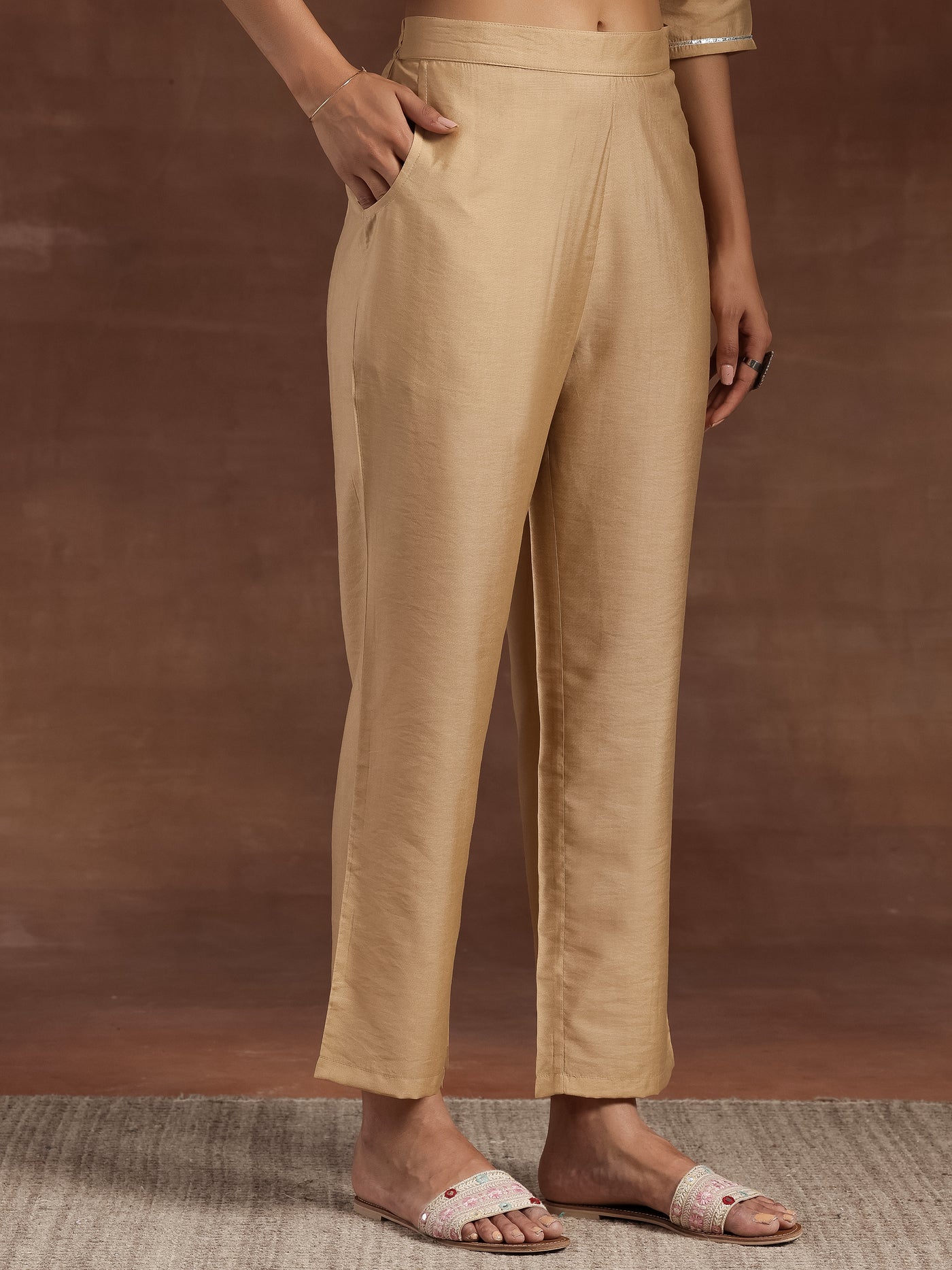 Beige Yoke Design Silk Blend Straight Kurta With Trousers & Dupatta