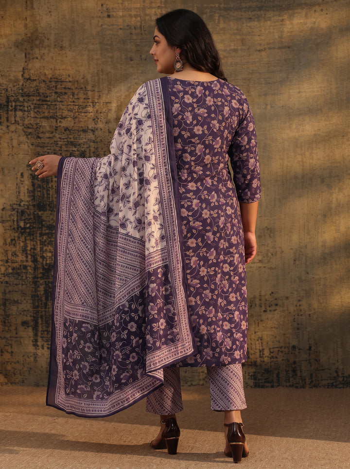 Plus Size Purple Floral Printed Cotton Straight Suit Set