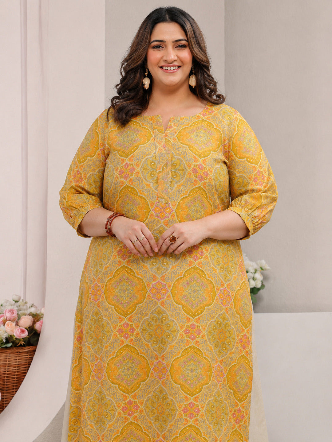 Plus Size Yellow Motif Printed Silk Blend Straight Kurta