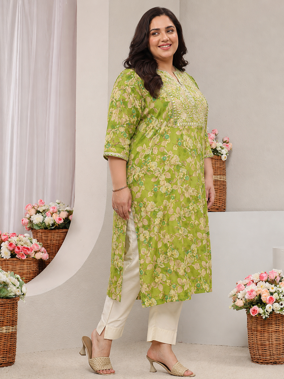 Plus Size Green Floral Printed Silk Blend Straight Kurta