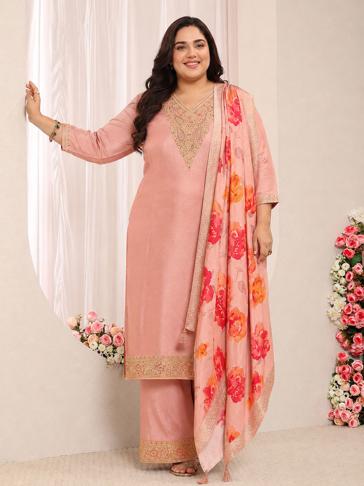 Plus Size Peach Floral Embroidered Silk Blend Straight Suit Set